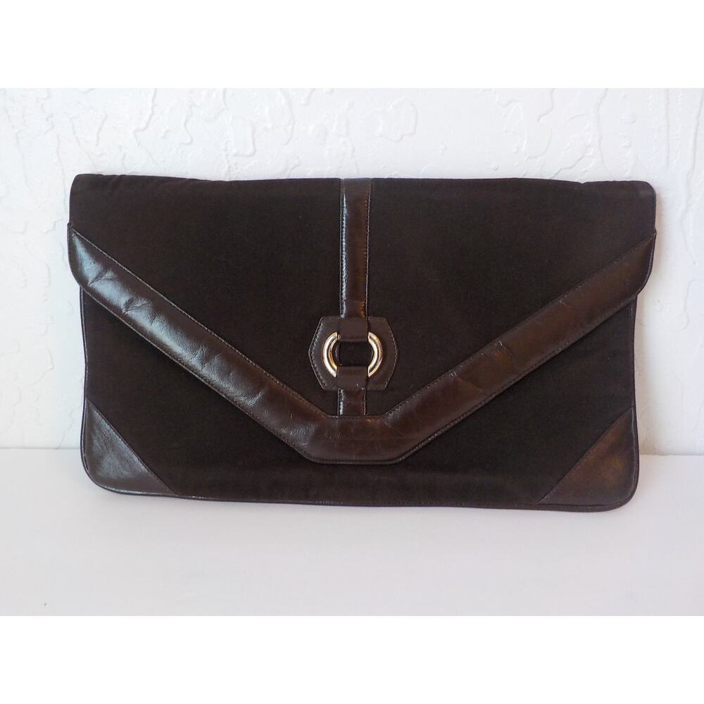Vintage Envelope Purse Bag Brown Velvet and Leather Clasp On Fabric Lining 15x8"